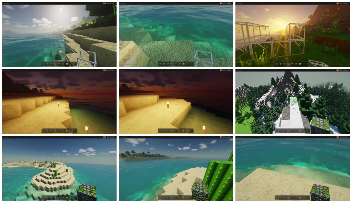 Nine frames from across Minecraft-style world with shader lighting