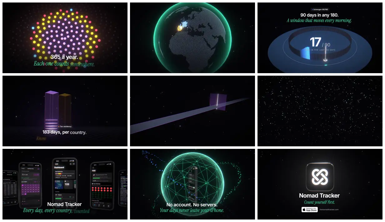 Nine frames from across 3D promo for a travel-tracking app