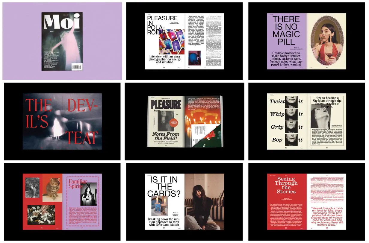 Nine frames from across Magic magazine in lilac and red