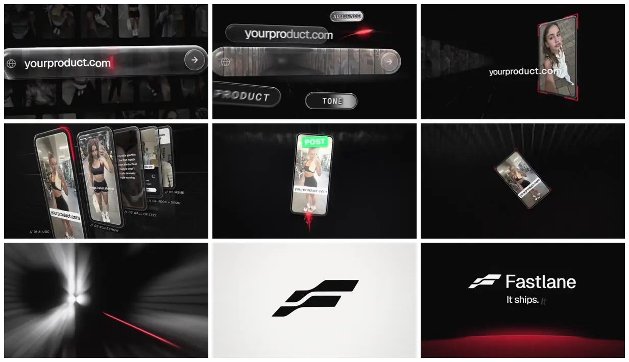 Nine frames from across Launch film for an AI short-video tool