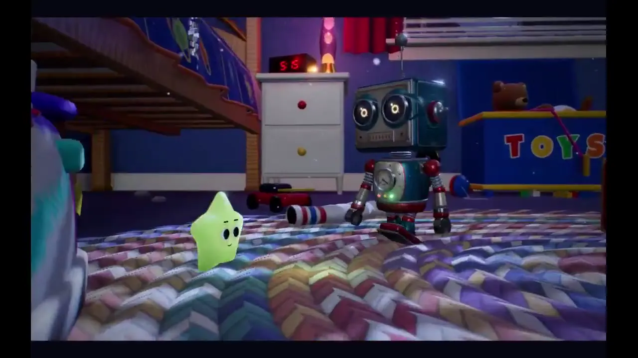 Frame from Glow-star toy cartoon in a 1990s bedroom