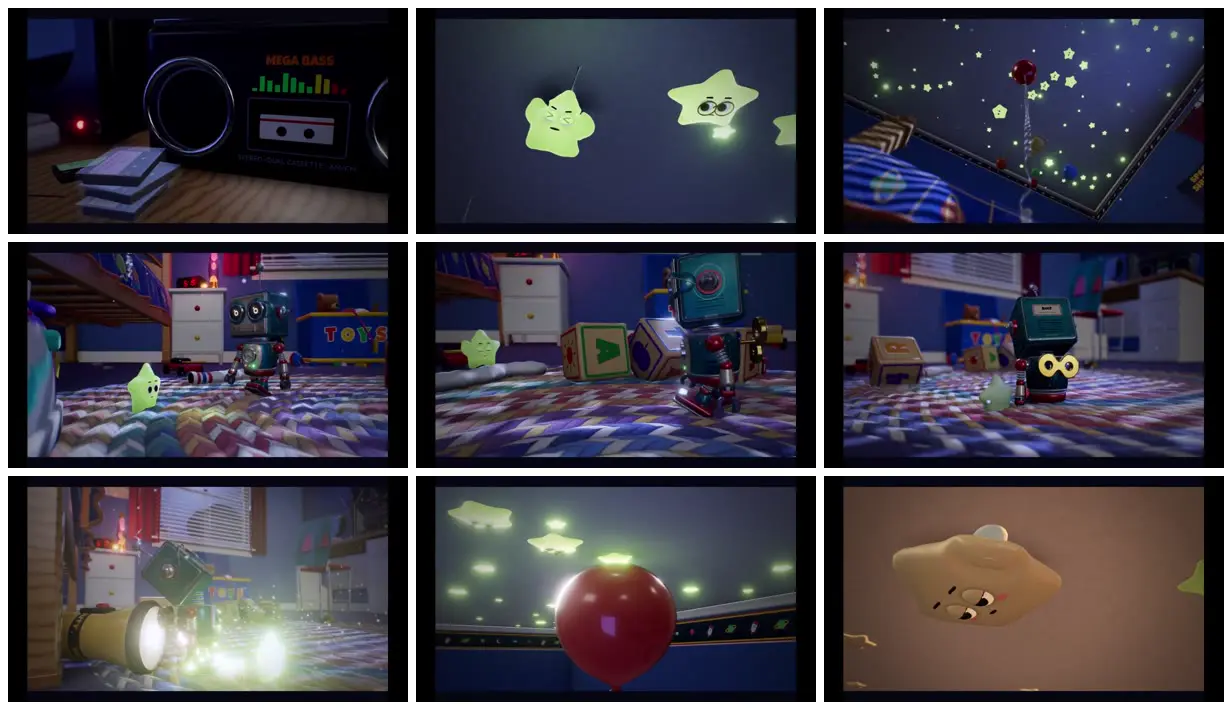 Nine frames from across Glow-star toy cartoon in a 1990s bedroom