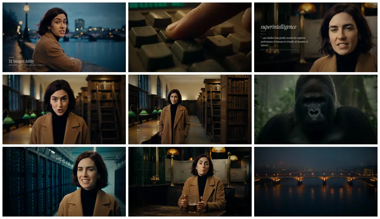 Nine frames from across Netflix-style doc on superintelligence