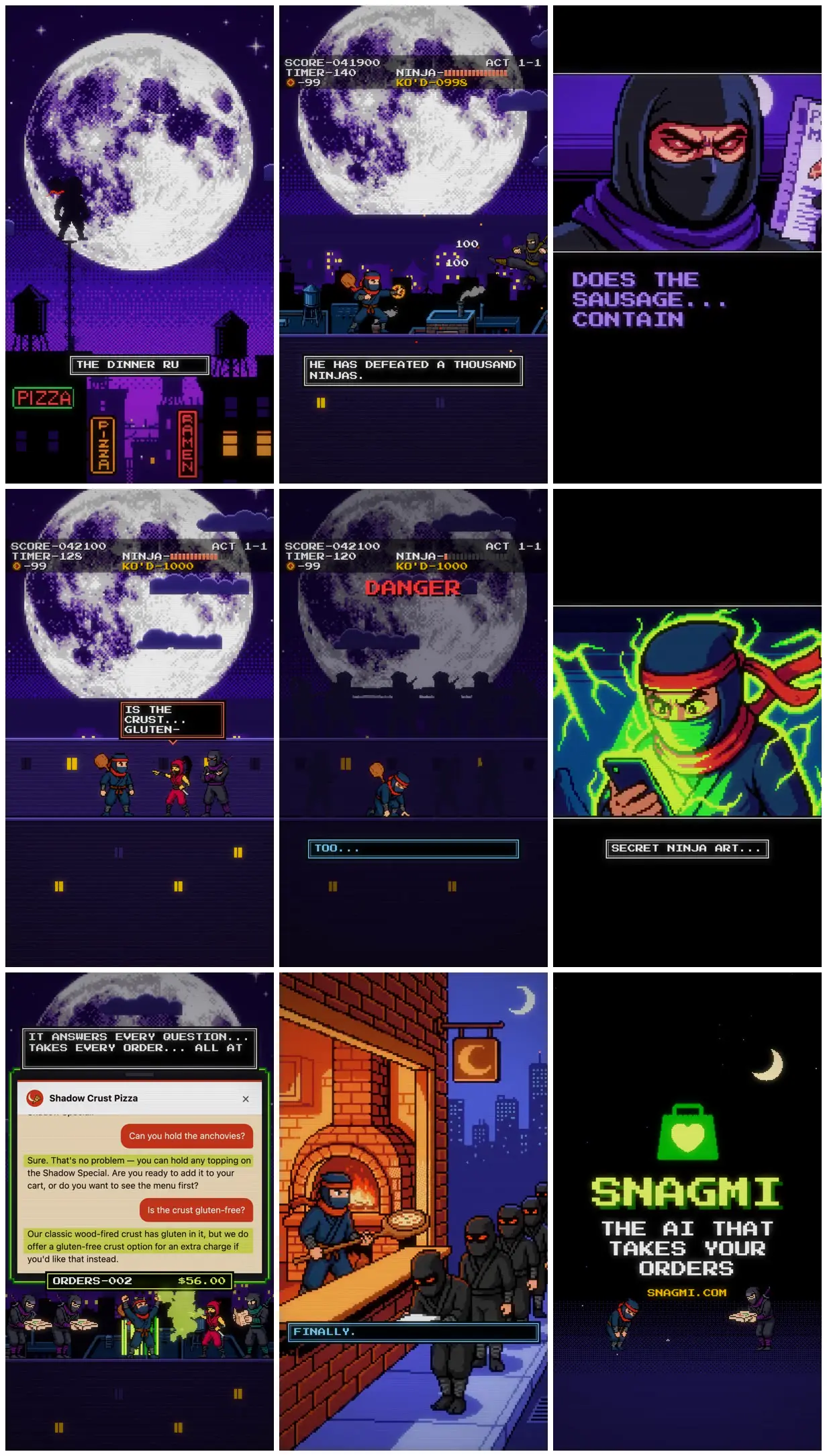 Nine frames from across Ninja Gaiden-style ad for an ordering bot