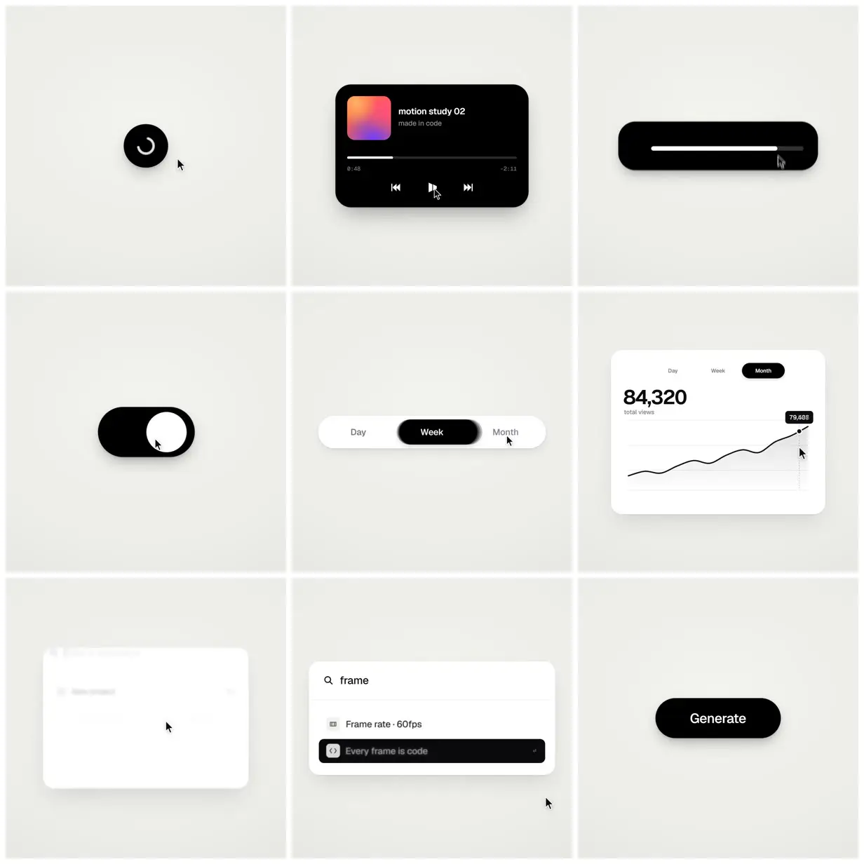 Nine frames from across One morphing UI shape on a 120 BPM beat