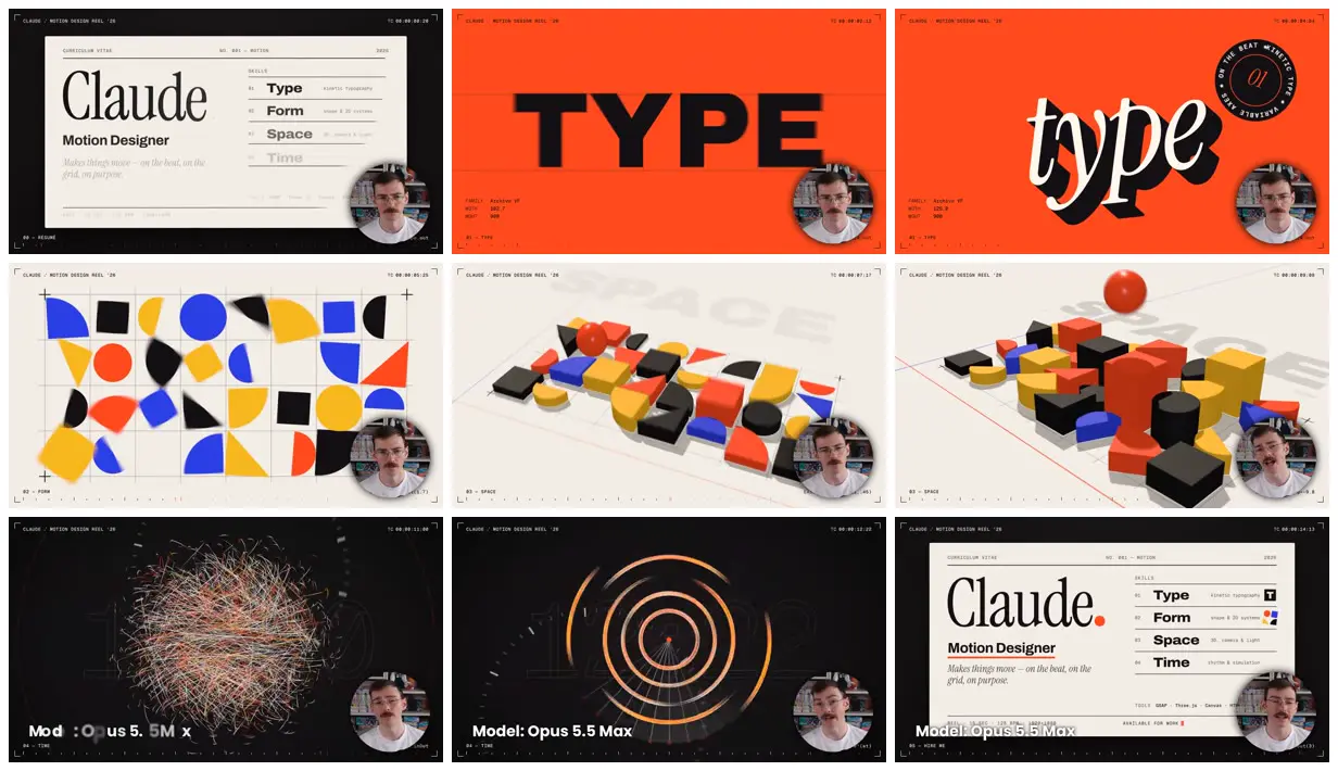 Nine frames from across Showreel of type, form, space and time