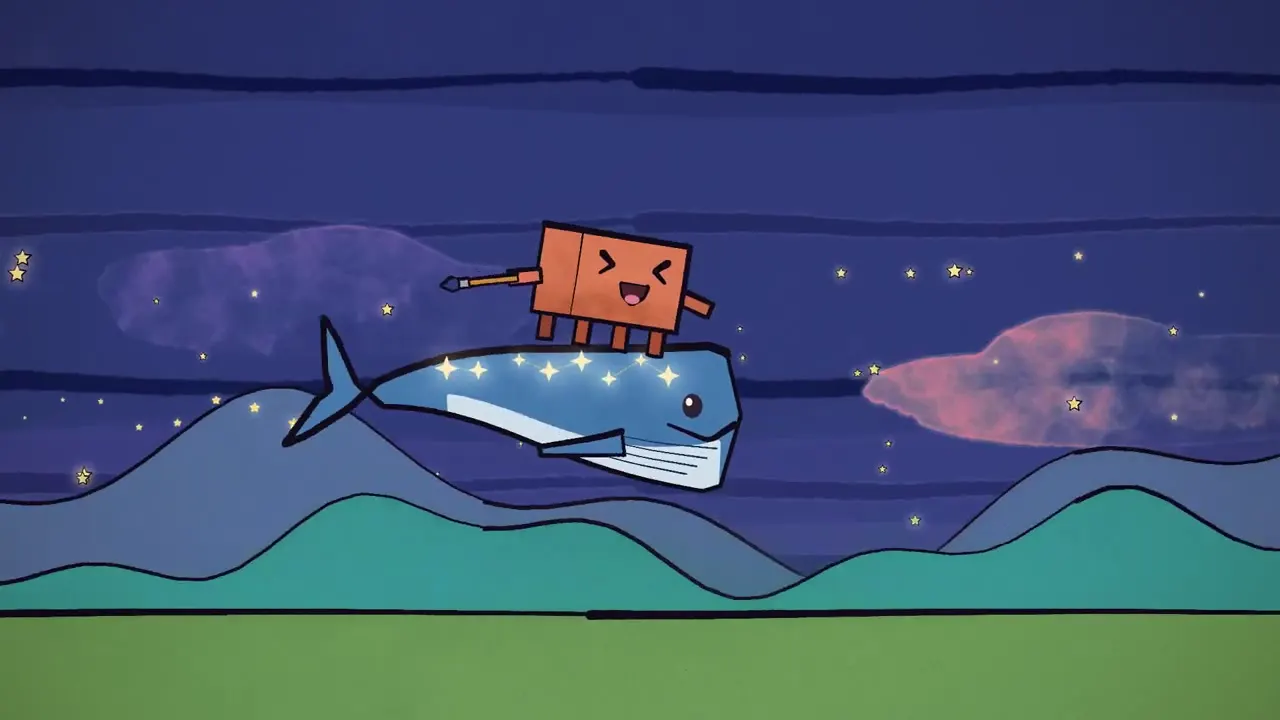 Frame from Clawd rides a star-whale in watercolour