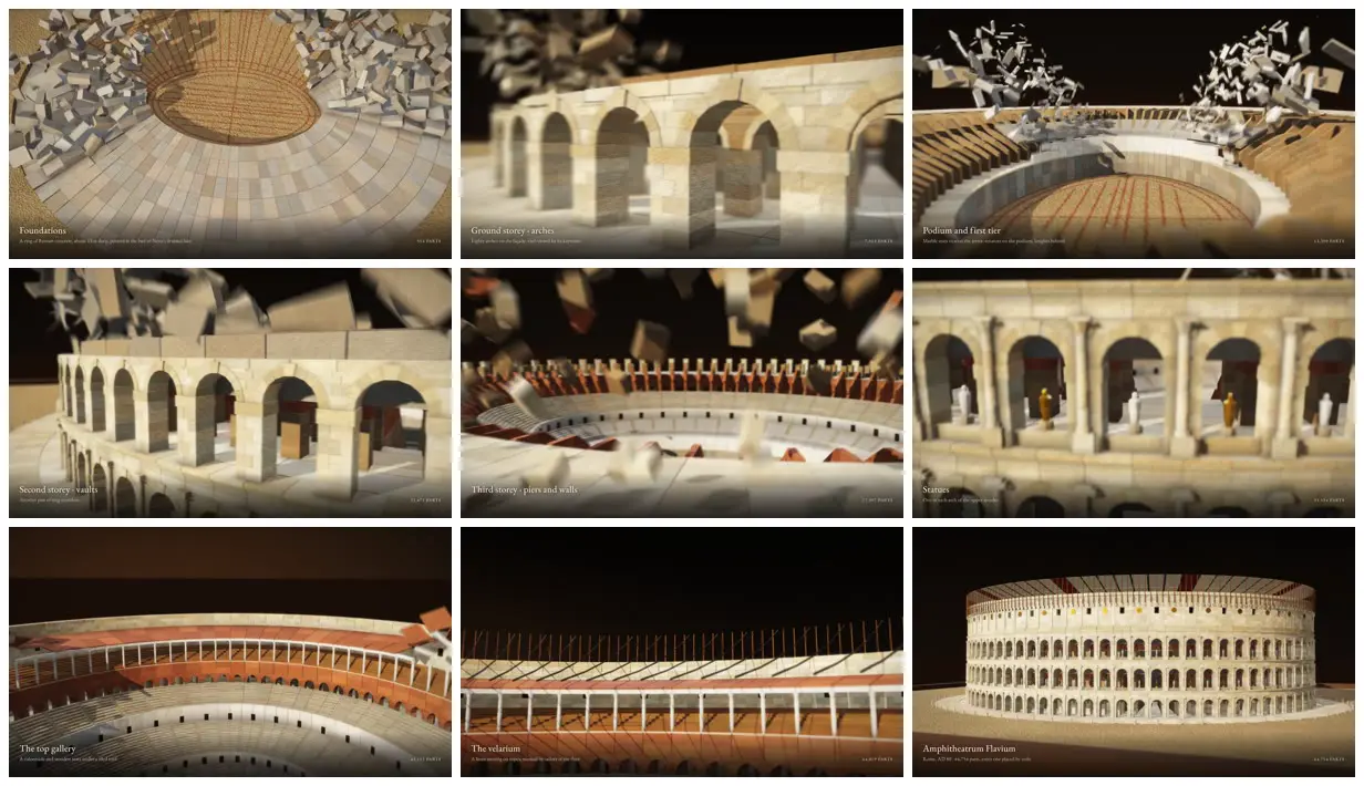 Nine frames from across Colosseum built from 44,754 parts