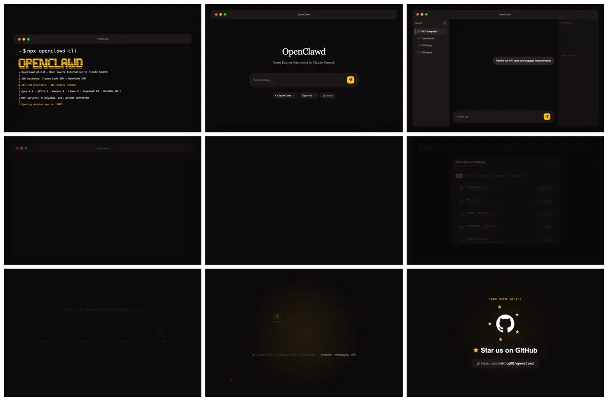 Nine frames from across Dark launch video for an AI desktop app