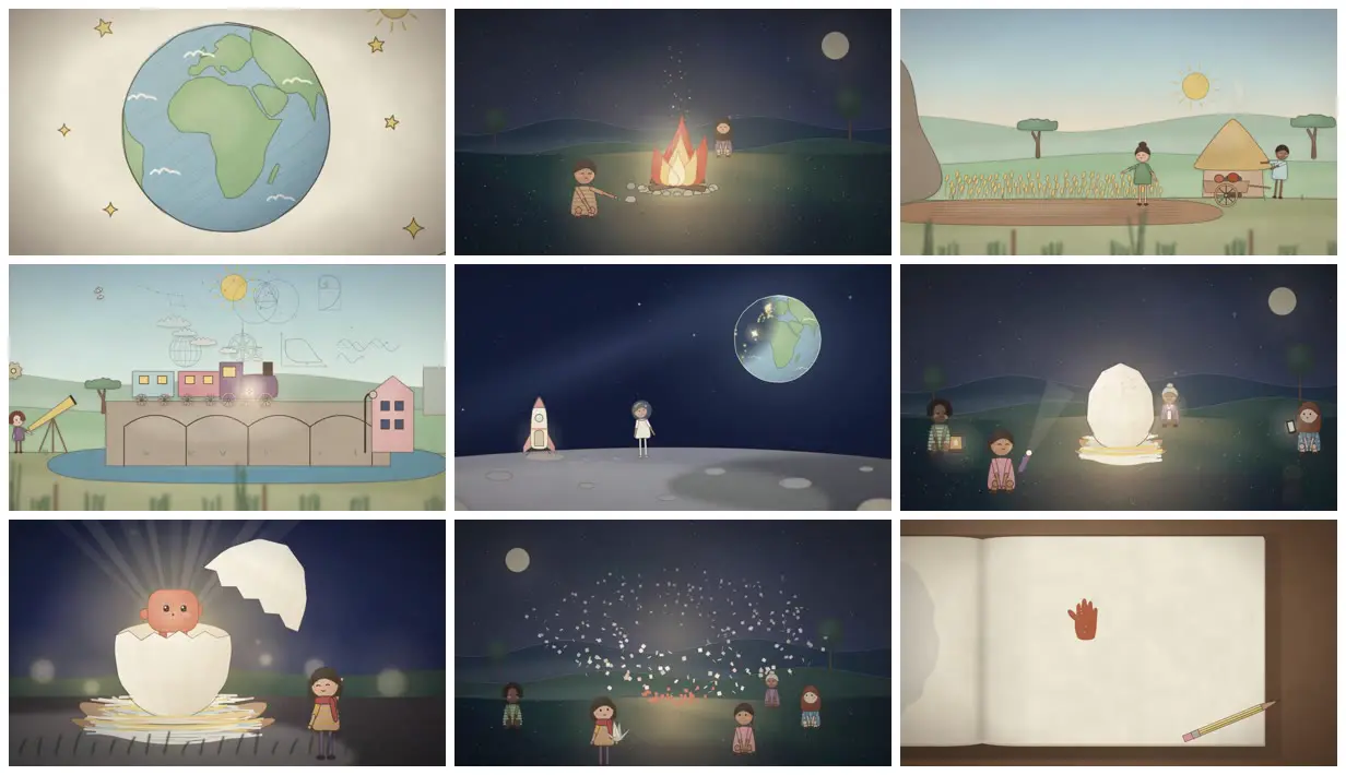 Nine frames from across Origami doodle story from humanity to AI