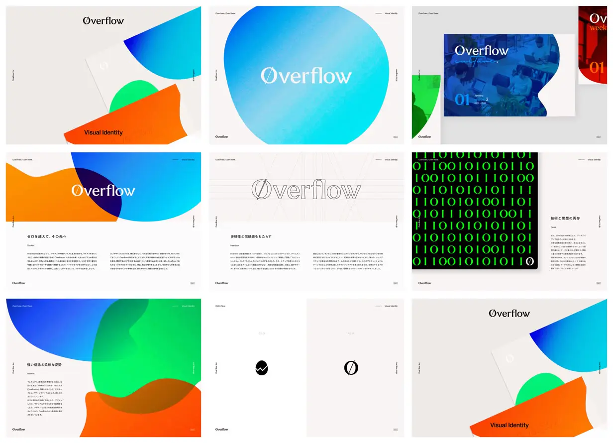 Nine frames from across Overflow visual identity deck