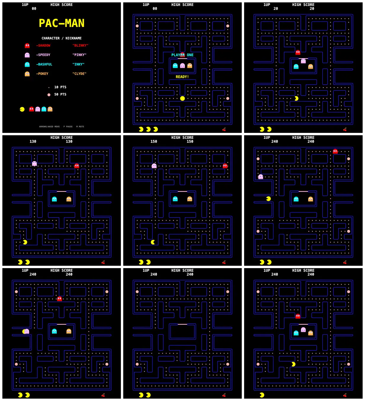 Nine frames from across Pac-Man from one prompt, 36 ways