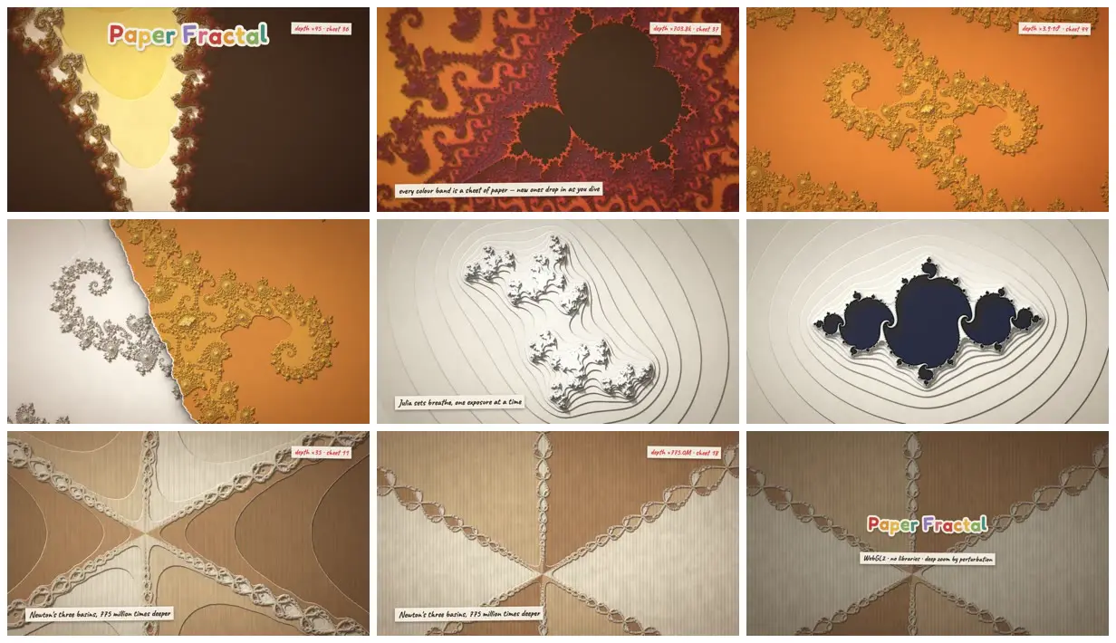 Nine frames from across Paper-craft fractal browser