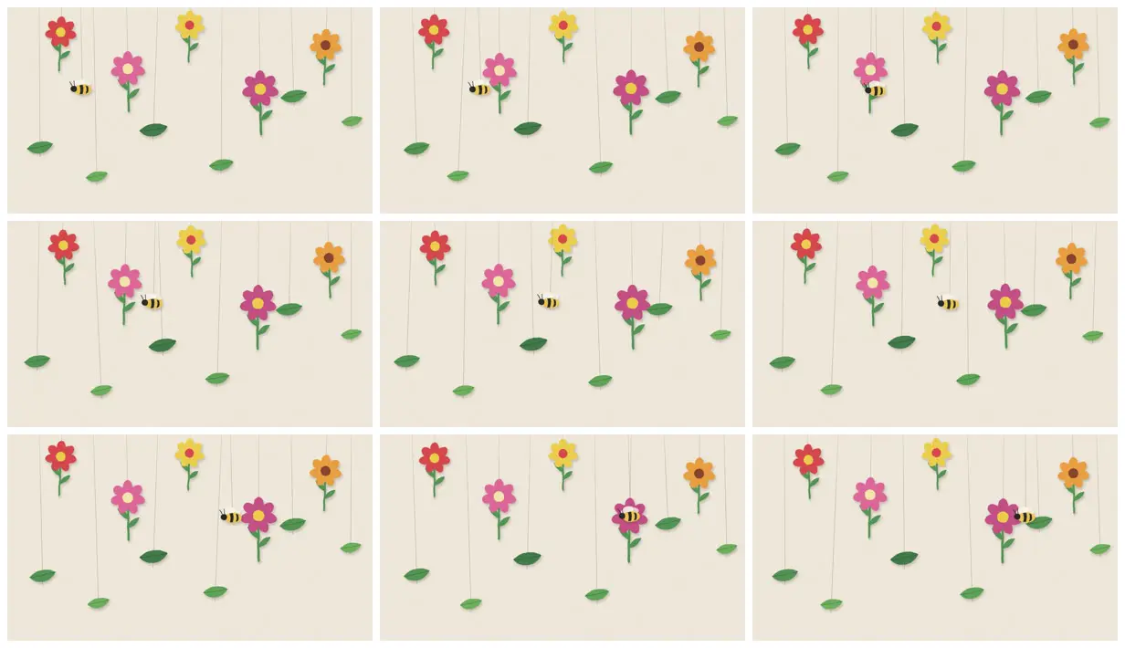 Nine frames from across Paper-cutout garden with stop-motion holds