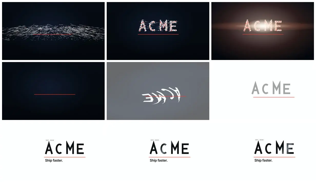 Nine frames from across Particle logo sting with swirl transition