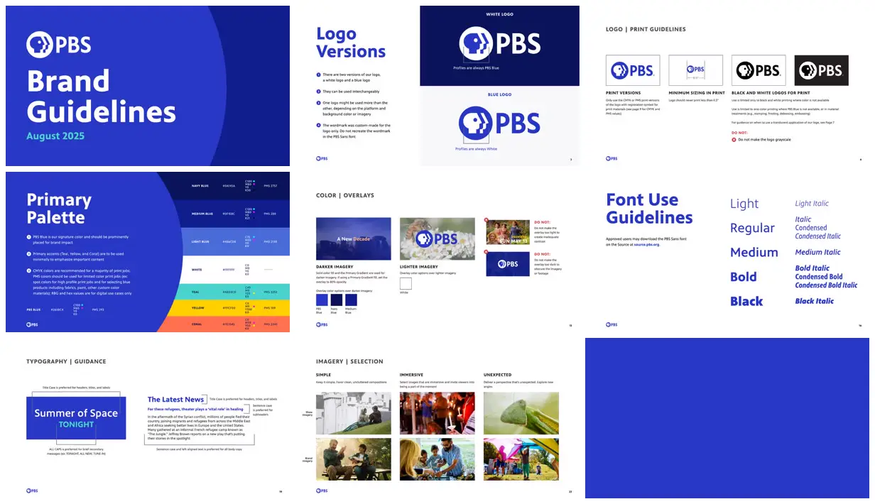 Nine frames from across PBS brand guidelines in blue