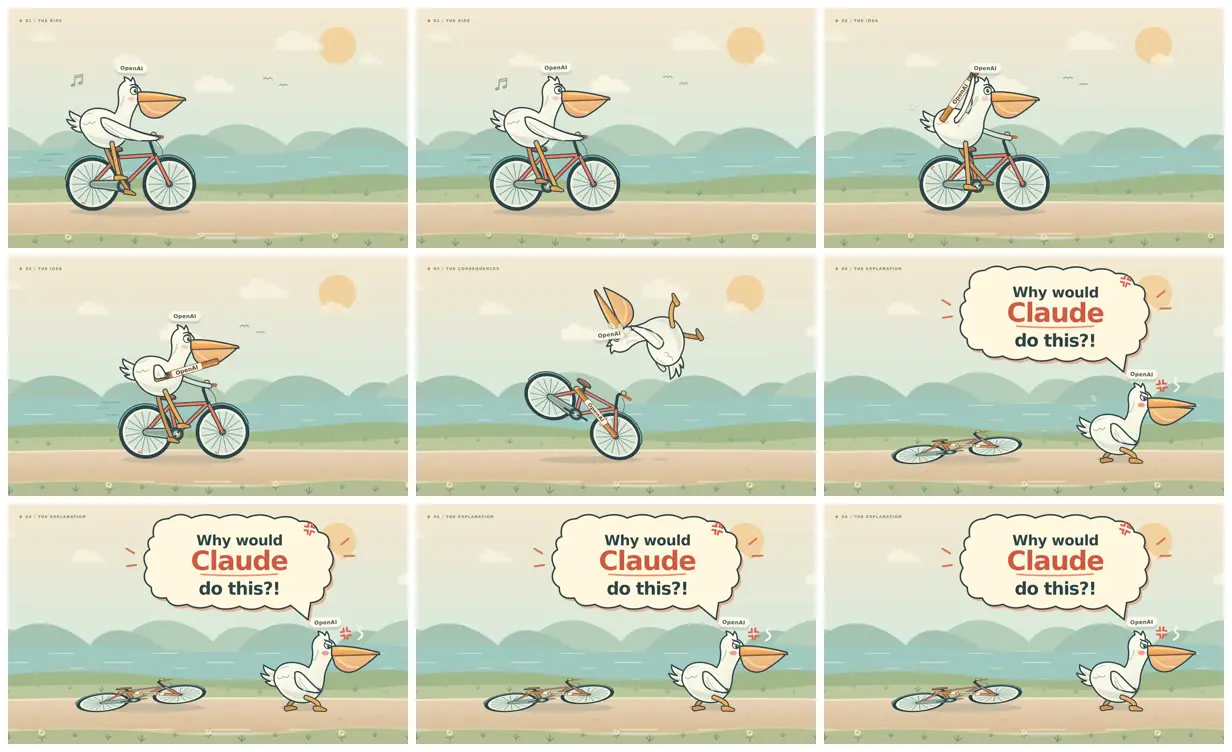 Nine frames from across Pelican test extended into a cartoon gag