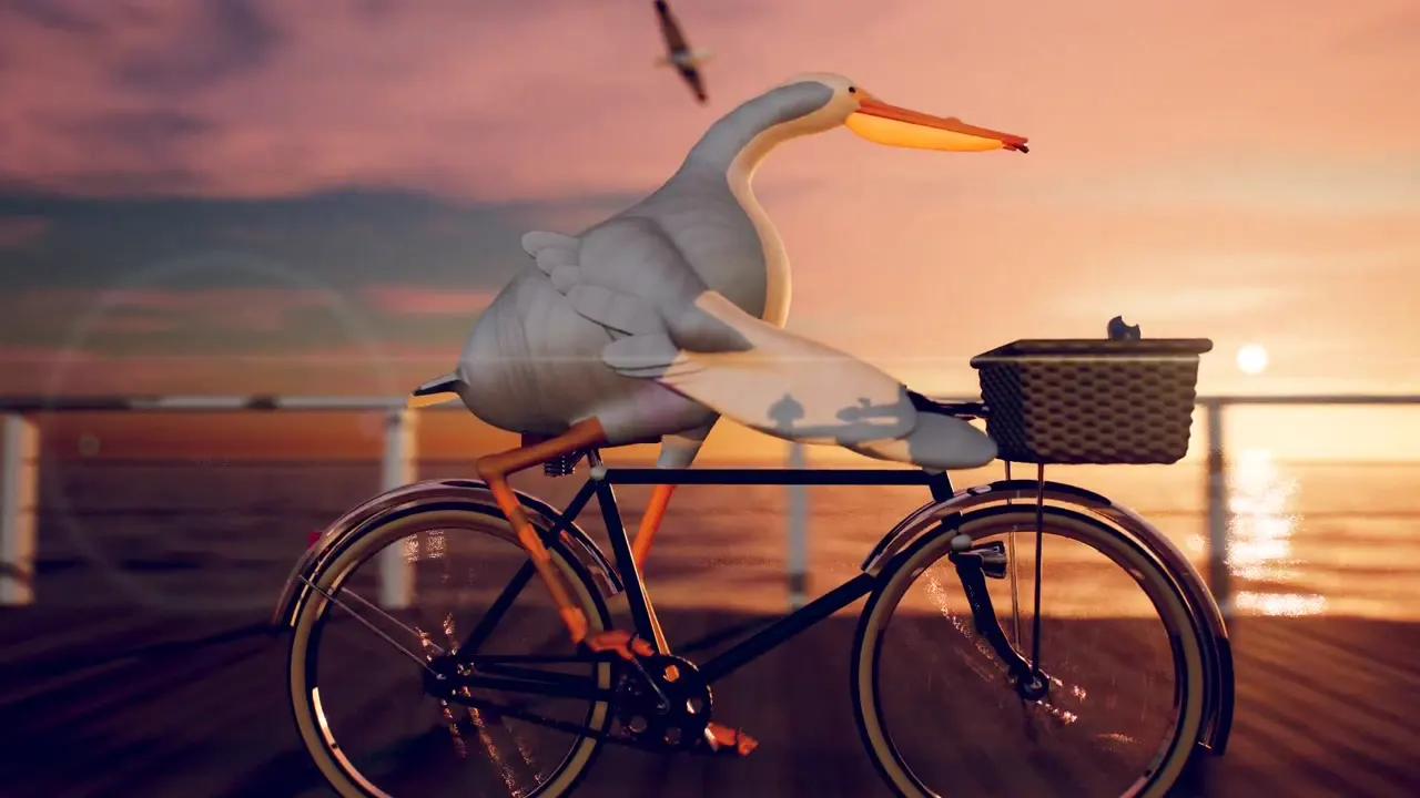Frame from Photoreal pelican cycling down a pier