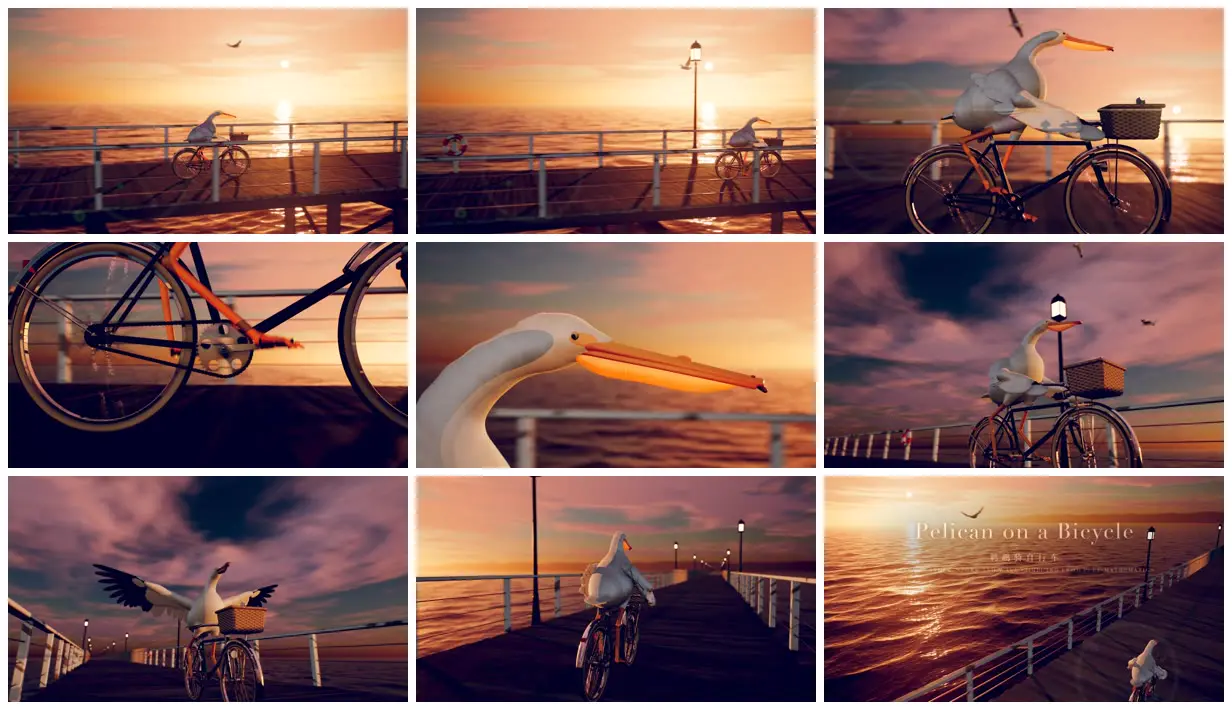 Nine frames from across Photoreal pelican cycling down a pier