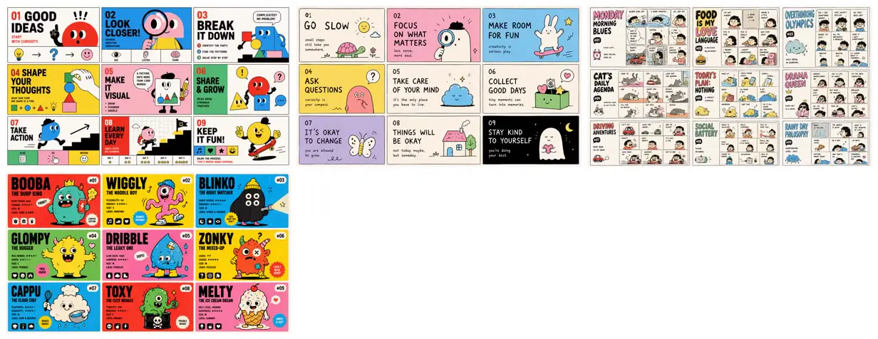 Nine frames from across Playful illustrated slide systems