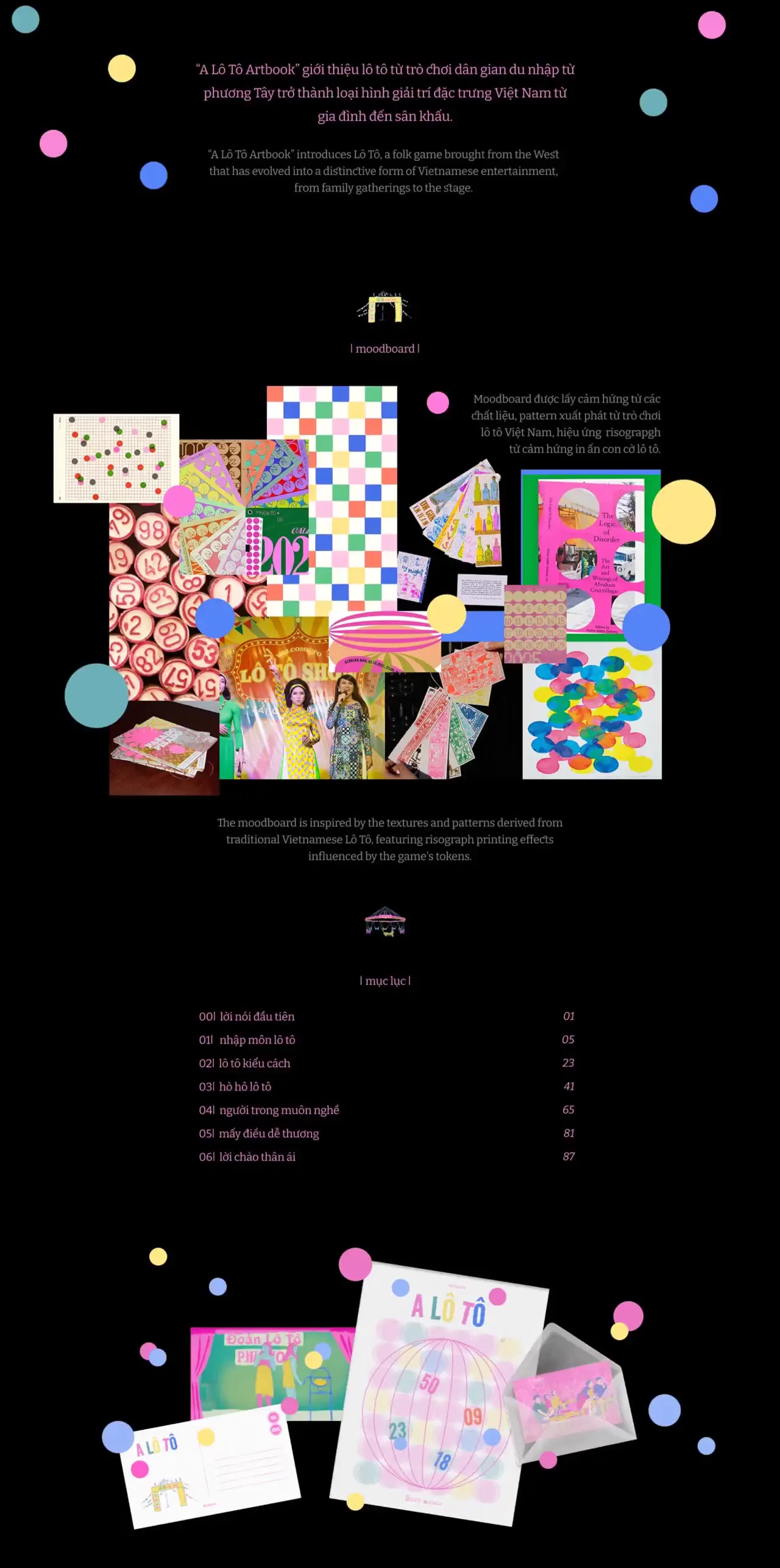 Frame from Lô tô in pink, blue and yellow