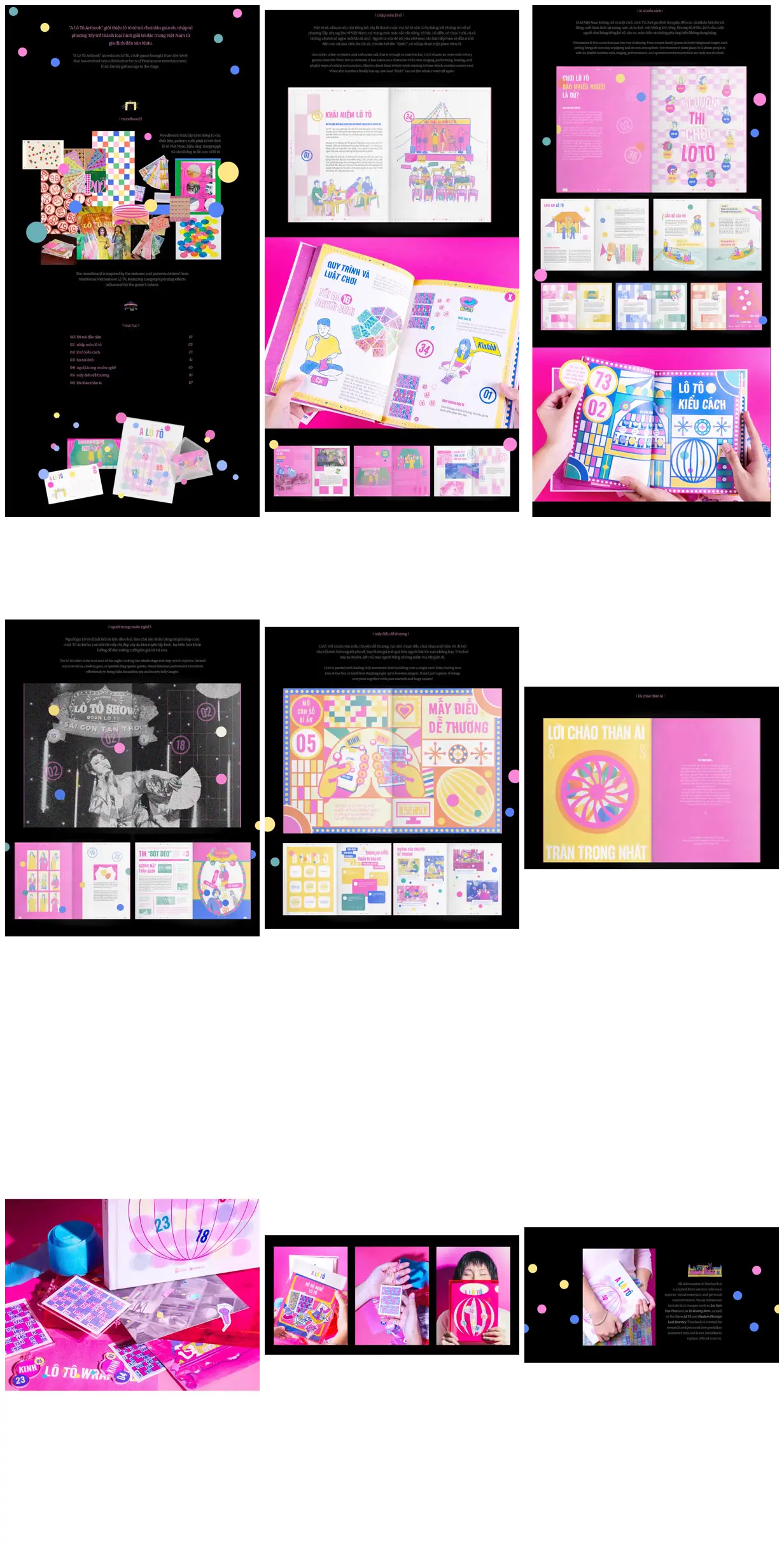 Nine frames from across Lô tô in pink, blue and yellow