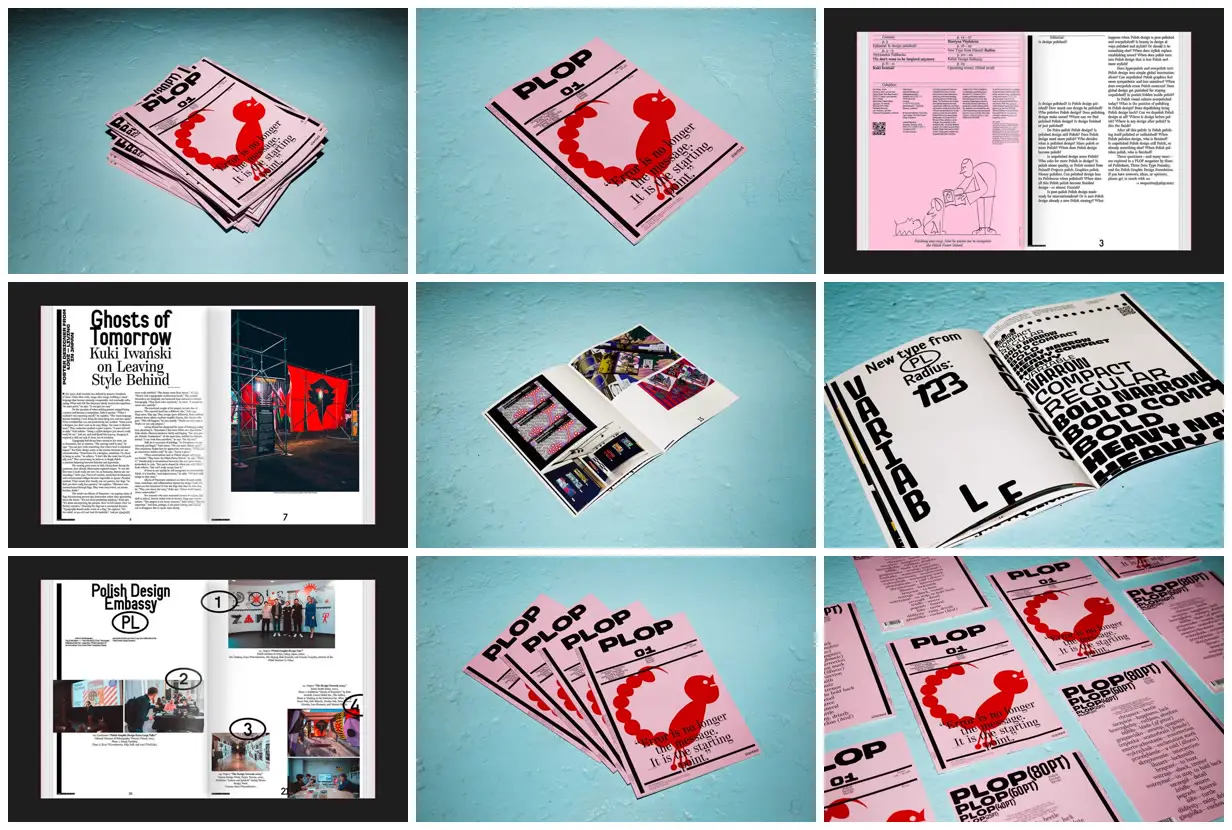 Nine frames from across Pink design revue with red bird