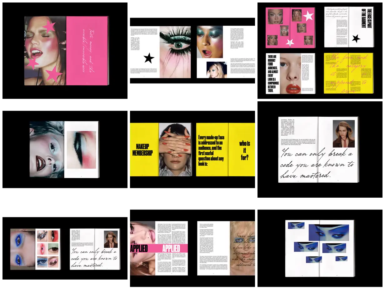 Nine frames from across Makeup spreads in pink and yellow