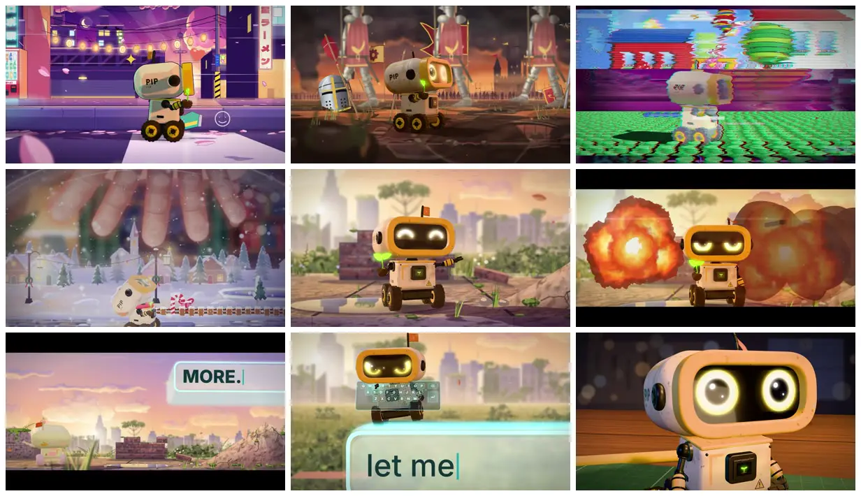 Nine frames from across Robot who learns his world is prompted