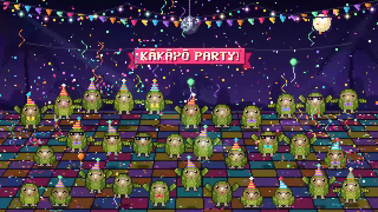 Frame from Pixel-art kākāpō party with confetti