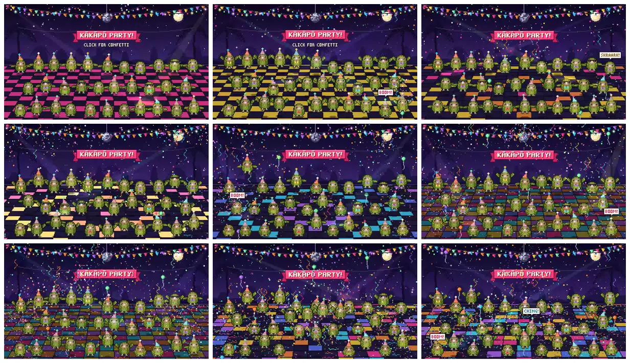 Nine frames from across Pixel-art kākāpō party with confetti