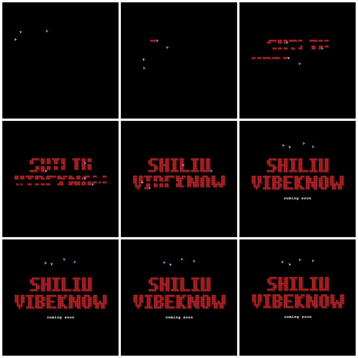 Nine frames from across Pixel-block logo built by four cursors