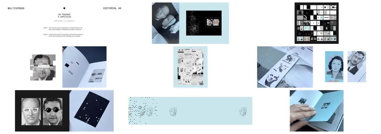 Nine frames from across Pixel portraits and wireframe faces