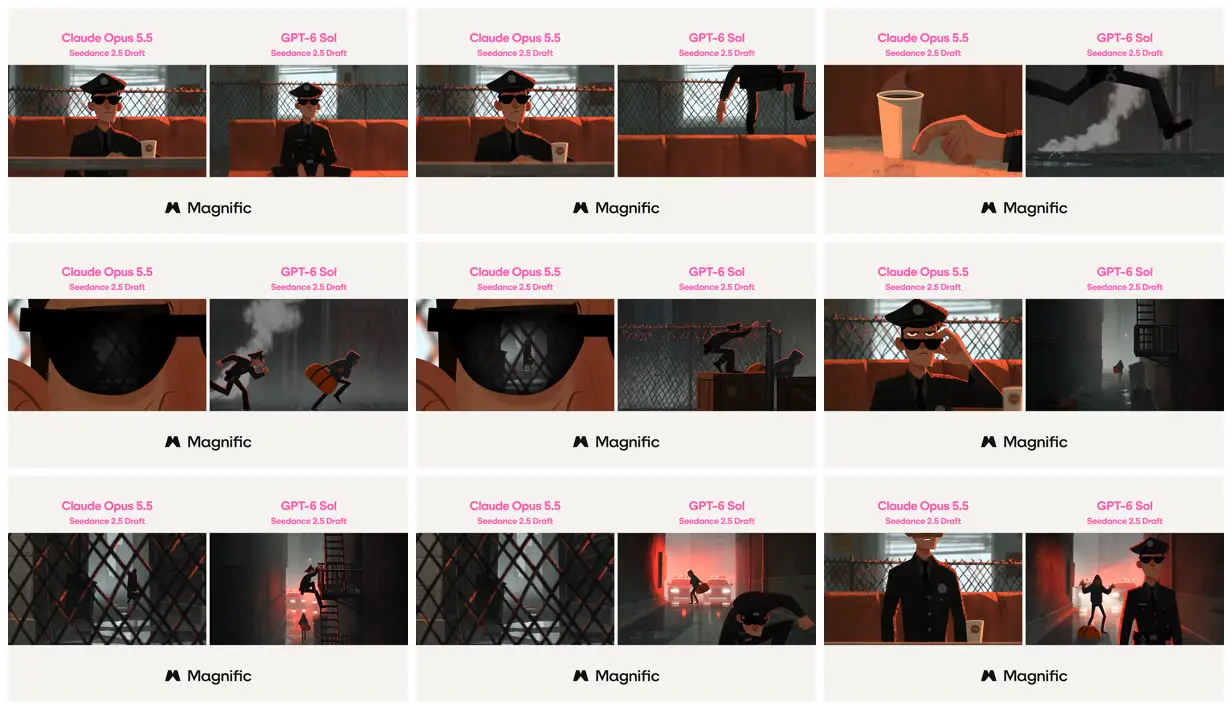 Nine frames from across Cop's coffee break, directed by two models