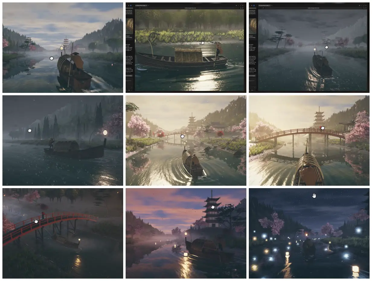 Nine frames from across Poling a riverboat up a Japanese valley