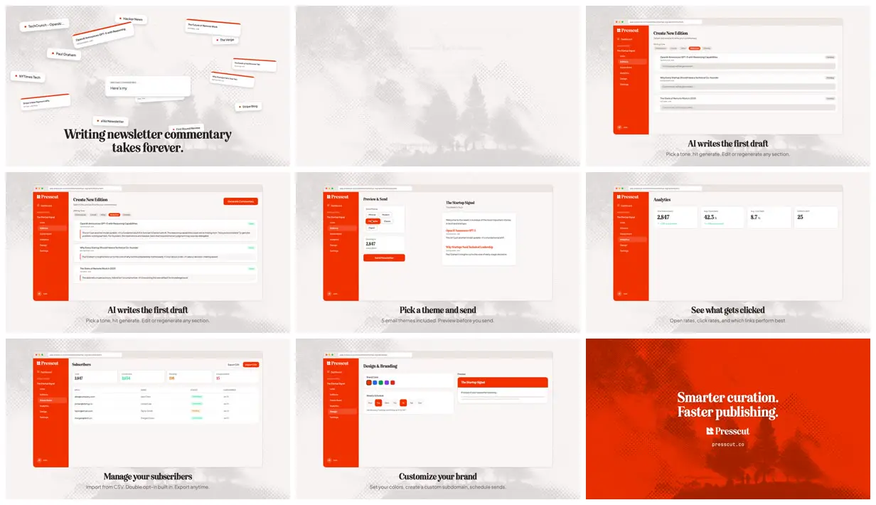 Nine frames from across Newsletter app demo built from its own UI