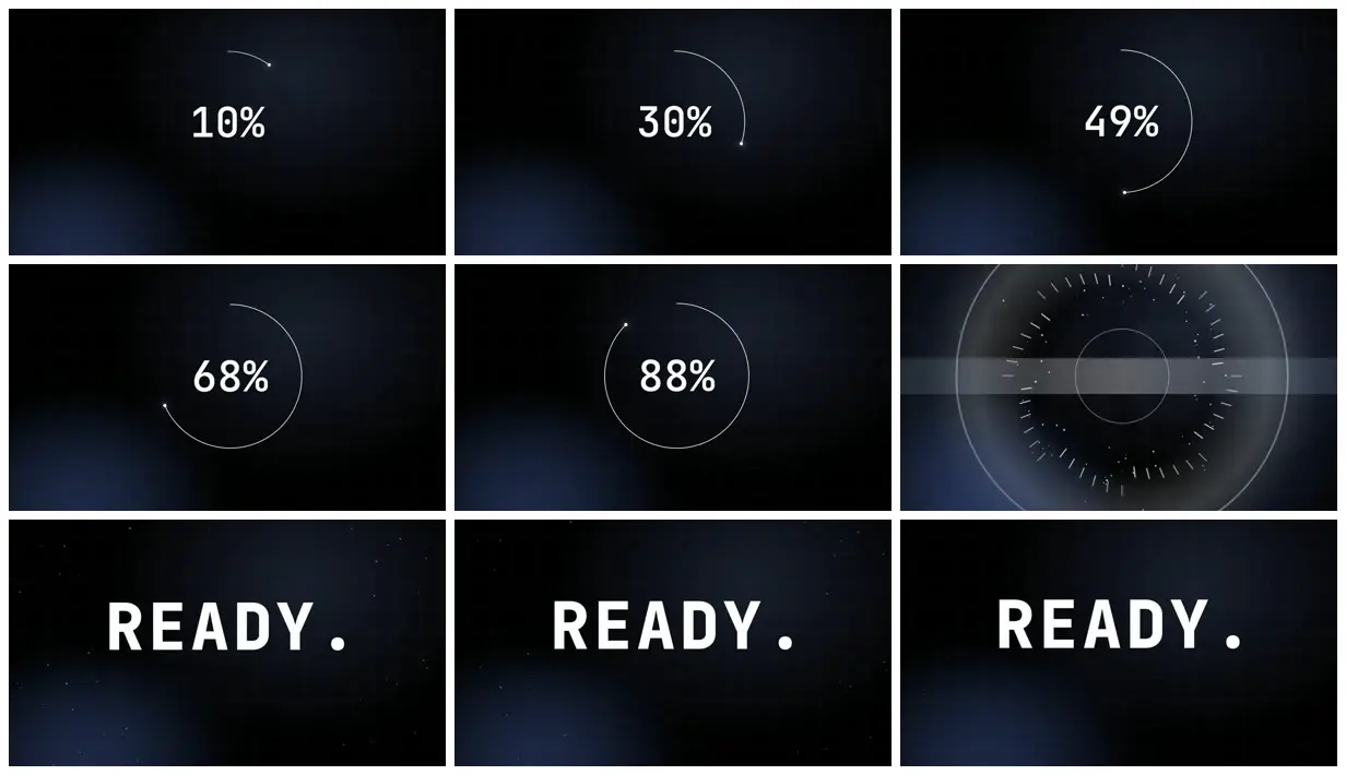 Nine frames from across Progress-ring loader bursting into READY