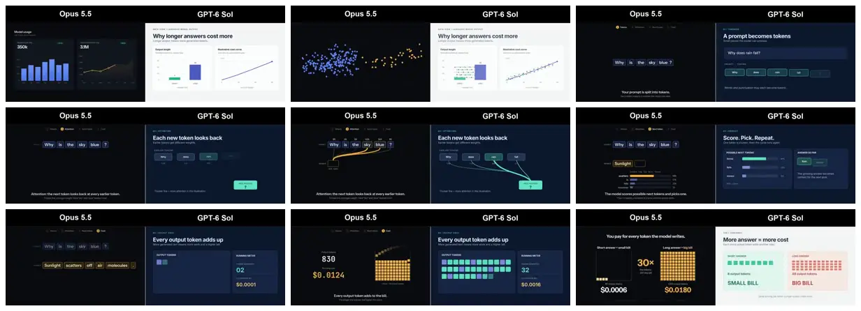 Nine frames from across From tokens to output cost