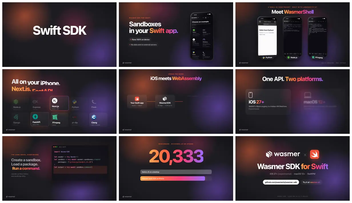 Nine frames from across Launch video for the Wasmer SDK for Swift