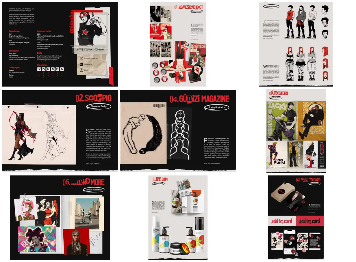 Nine frames from across Red-and-black punk portfolio
