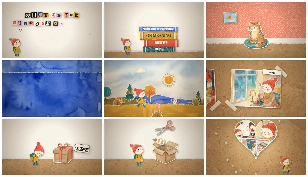 Nine frames from across Hand-drawn collage on the purpose of life