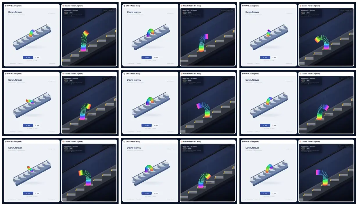 Nine frames from across Rainbow slinky down an endless escalator