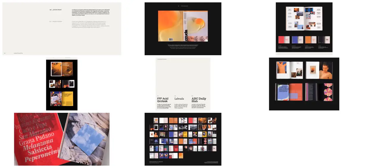 Nine frames from across Cruda magazine editorial system