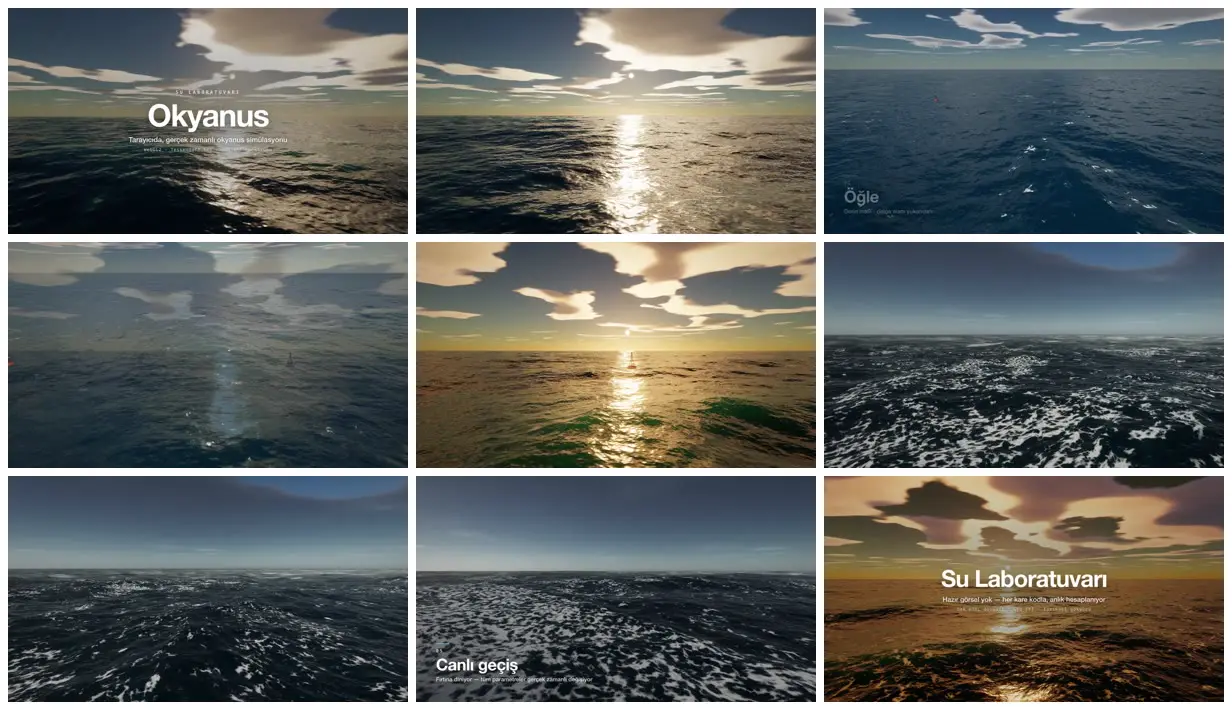 Nine frames from across Real-time ocean at sunset and in a storm