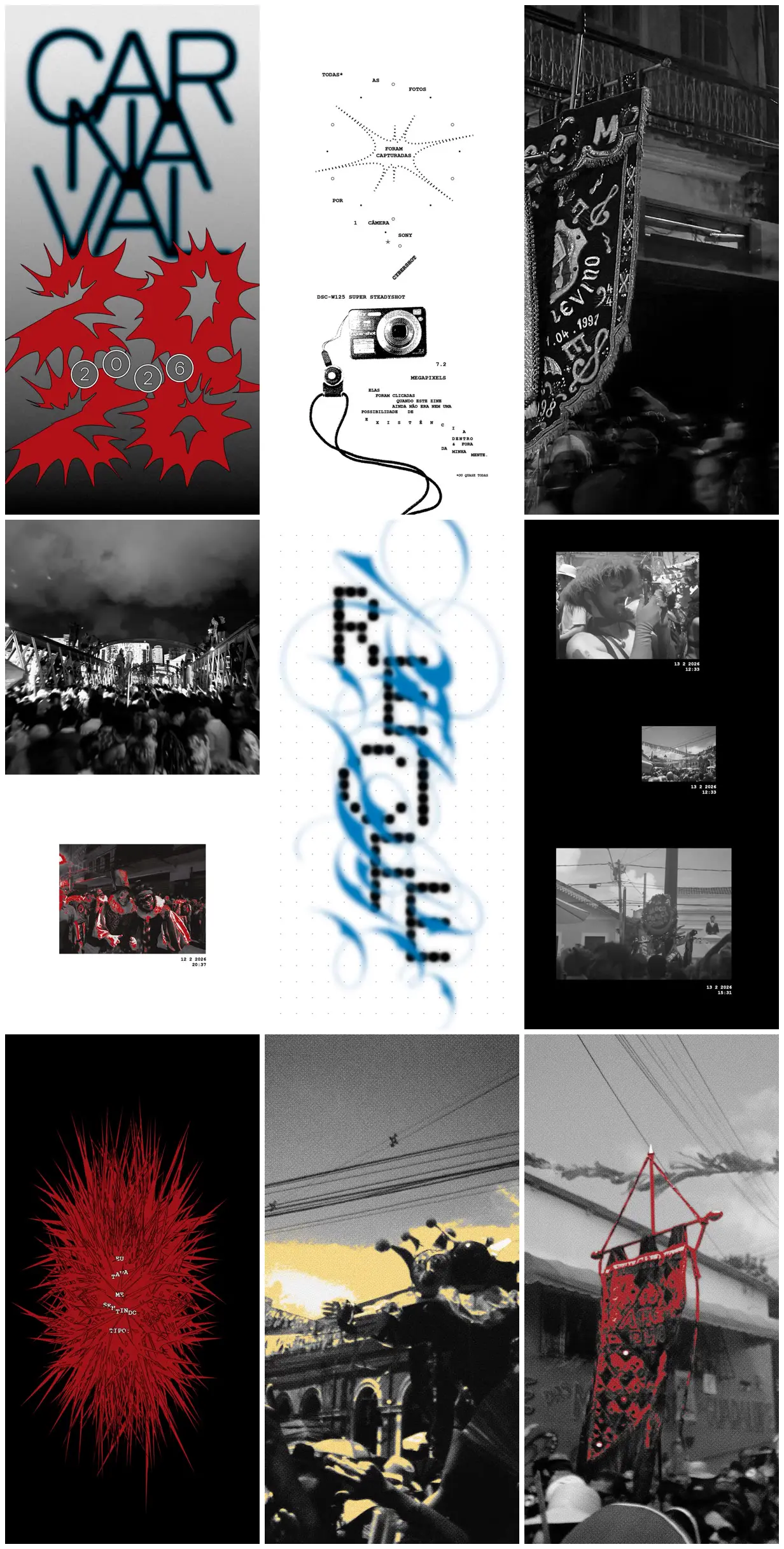 Nine frames from across Carnival photo zine in red and black