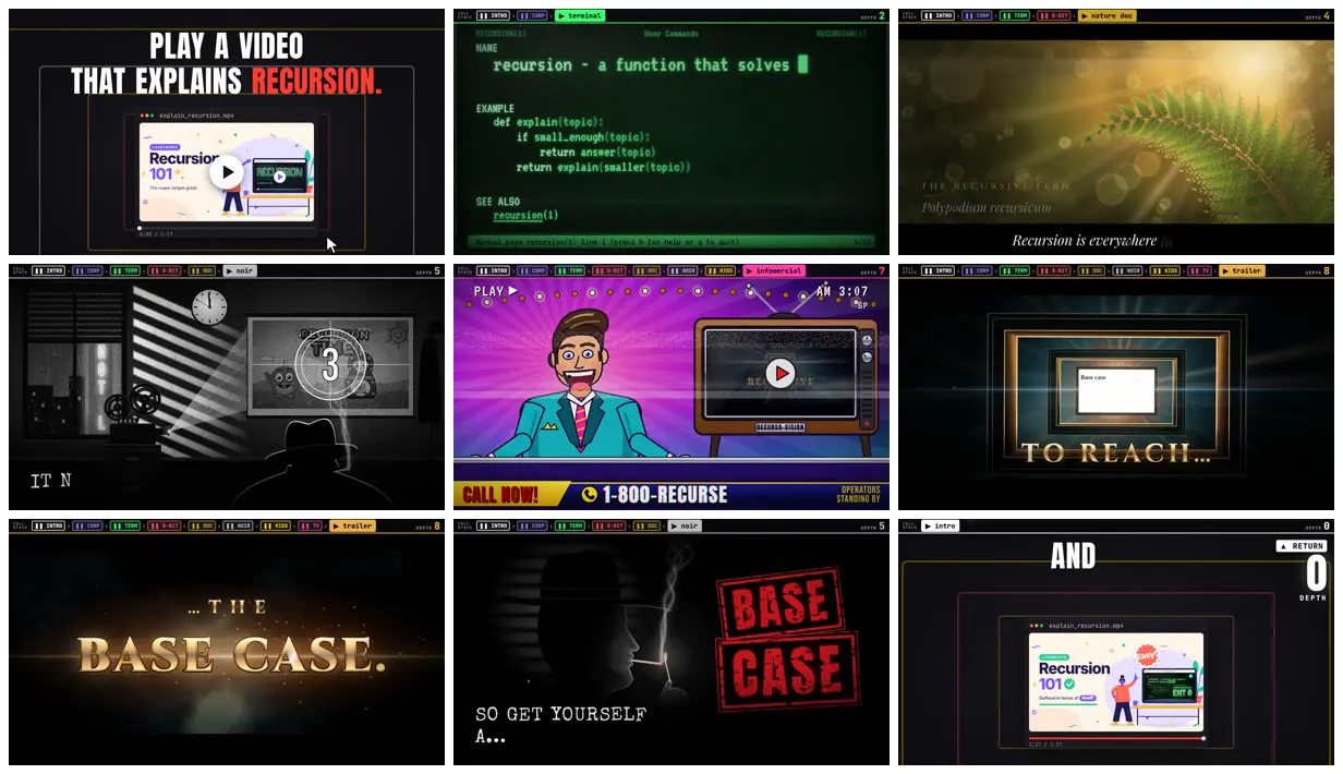 Nine frames from across Recursion explained in nine video styles