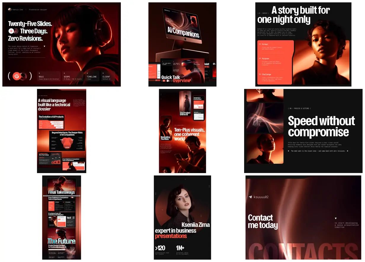 Nine frames from across Red-lit AI companions deck