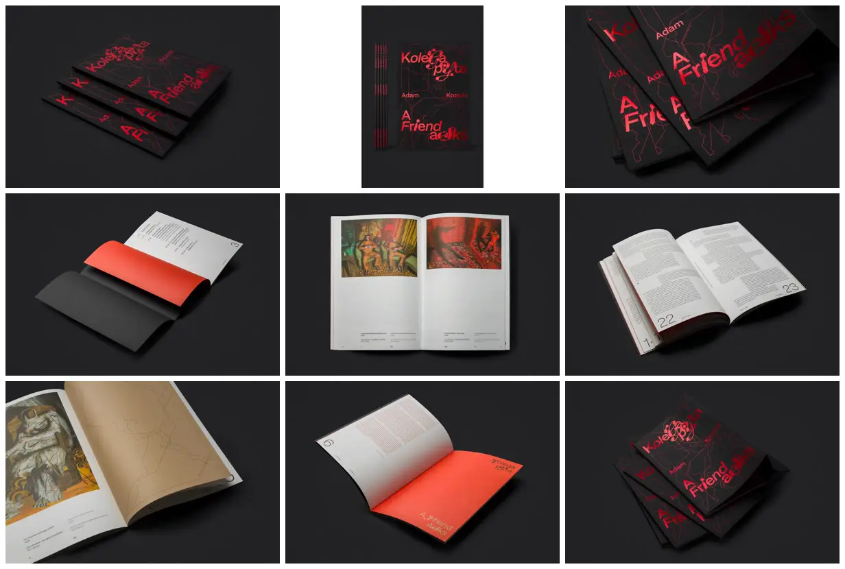 Nine frames from across Red-on-black exhibition catalogue