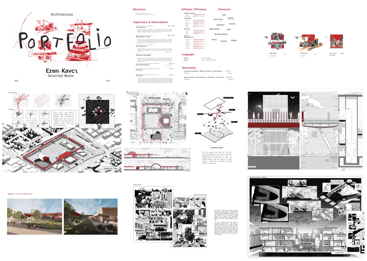 Nine frames from across Red-accent architecture portfolio