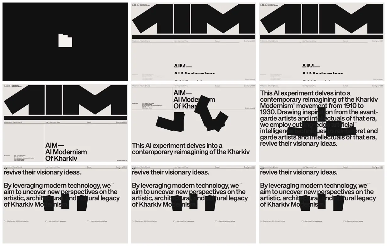 Nine frames from across Kharkiv modernism in black and cream